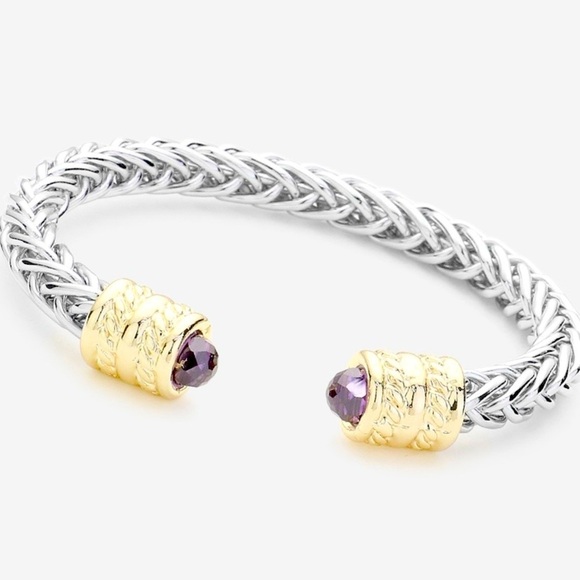 Braided Two Tone Cuff Bracelet w/ Amethyst Cabochons - Picture 1 of 2